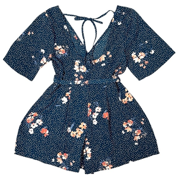 Trixxi Blue and Pink Floral Romper with Belt - Picture 3 of 12